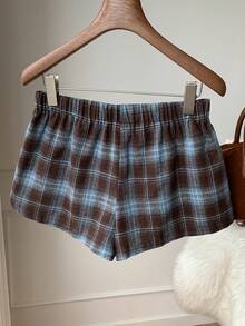 Comfortcana 女式格子印花贴片松紧腰休闲短裤 - 卡其色 - 查看 2
