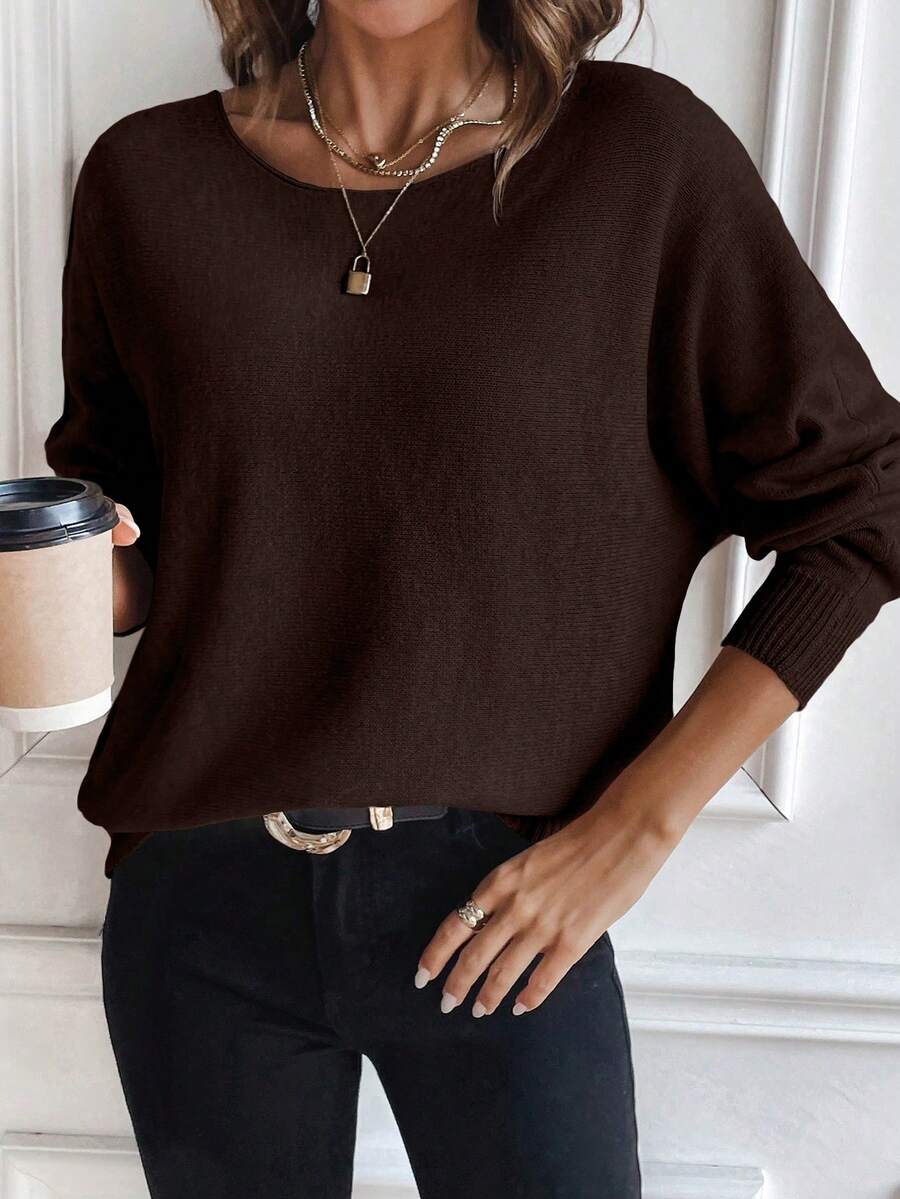 SHEIN LUNE Sweater Longgar Lengan Panjang Leher Bulat Model Batwing Warna Polos Kasual untuk Wanita, Musim Gugur/Dingin - Coklat - View 1