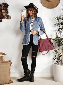 EMERY ROSE Raw Trim Button Front Denim Jacket - Blue - View 6