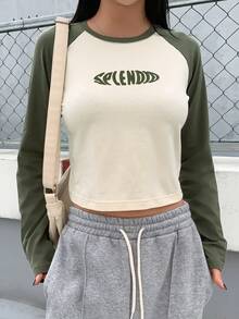 DAZY Colour Block Letter Graphic Raglan Sleeve Crop Tee - Beige - View 3