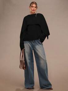 SHEIN BAE 女士秋冬时尚设计简约纯色斗篷二合一套头衫 - 黑色 - 查看 3