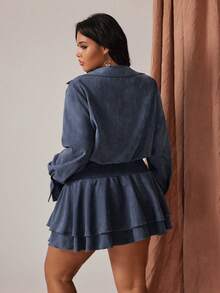 Rustia 大码女式纯色长袖荷叶边下摆性感时尚连衣裙 - 藏蓝色 - 查看 3