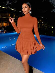 SOLERSUN 女士冬季服装 女士连衣裙 优雅优雅派对日间杏色针织高领长袖褶皱双褶迷你连衣裙 - 橘色 - 查看 6