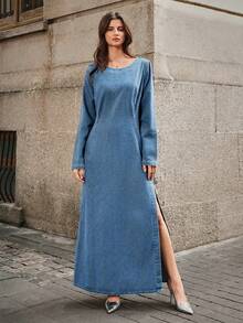 SHEIN SXY Women's Casual Round Neck Long Sleeve Side Slit Hem Long Denim Dress, Suitable For Autumn - Blue - View 6