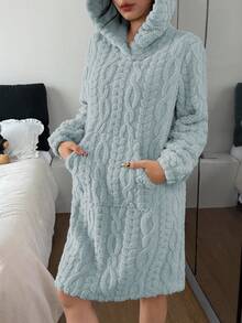 SHEIN 女士3D动物耳朵连帽毛绒蓬松舒适冬季睡衣 - 藍色 - 查看 6