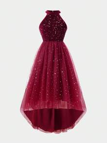 Girls' Round Neck Sleeveless Sequin Contrast Mesh Elegant Short Front Long Back Party Dress, Suitable For Christmas, Halloween - Red - View 5