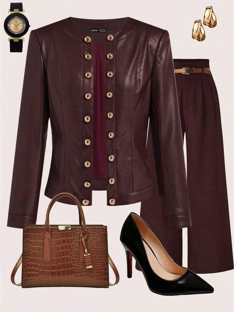 Ellevyn Chaqueta de mujer de unicolor de manga larga con doble botonadura, elegante y de moda, de PU, para otoño e invierno