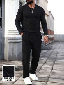 Manfinity Homme Men's Snake Skin Striped Comfortable Fabric Long Sleeve T-Shirt And Drawstring Pants Set, Casual For Vacation, Home, Dining, Party, Versatile, Best Gift For Boyfriend Or Husband, Fall Clothes