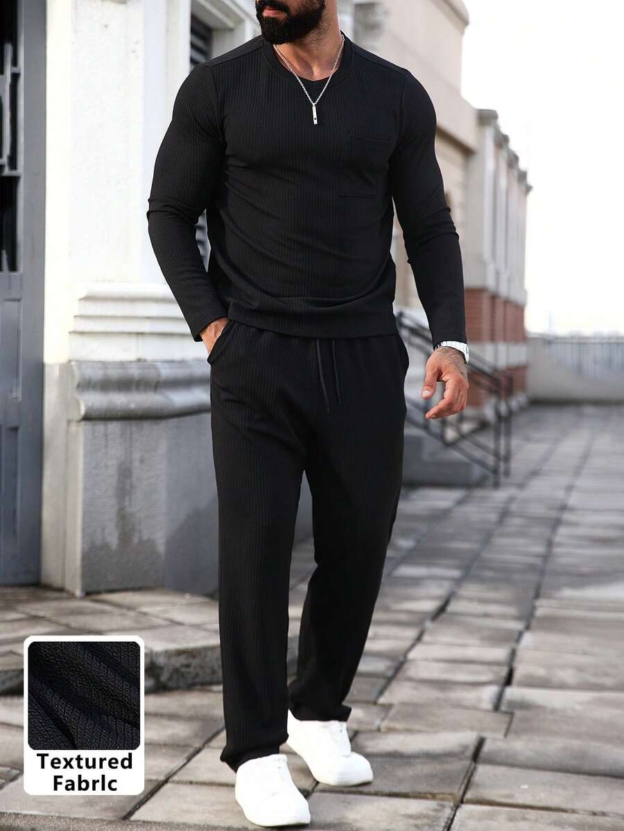 Manfinity Homme Men's Snake Skin Striped Comfortable Fabric Long Sleeve T-Shirt And Drawstring Pants Set, Casual For Vacation, Home, Dining, Party, Versatile, Best Gift For Boyfriend Or Husband, Fall Clothes