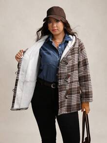 Zelara Women's Vintage Plaid Fleece Plus Size Loose Coat,Brown Winter Casual Hiking White Zip-Up Hoodie,Fall Thanksgiving Warm Cozy New Year Outerwear - Coffee Brown - View 5
