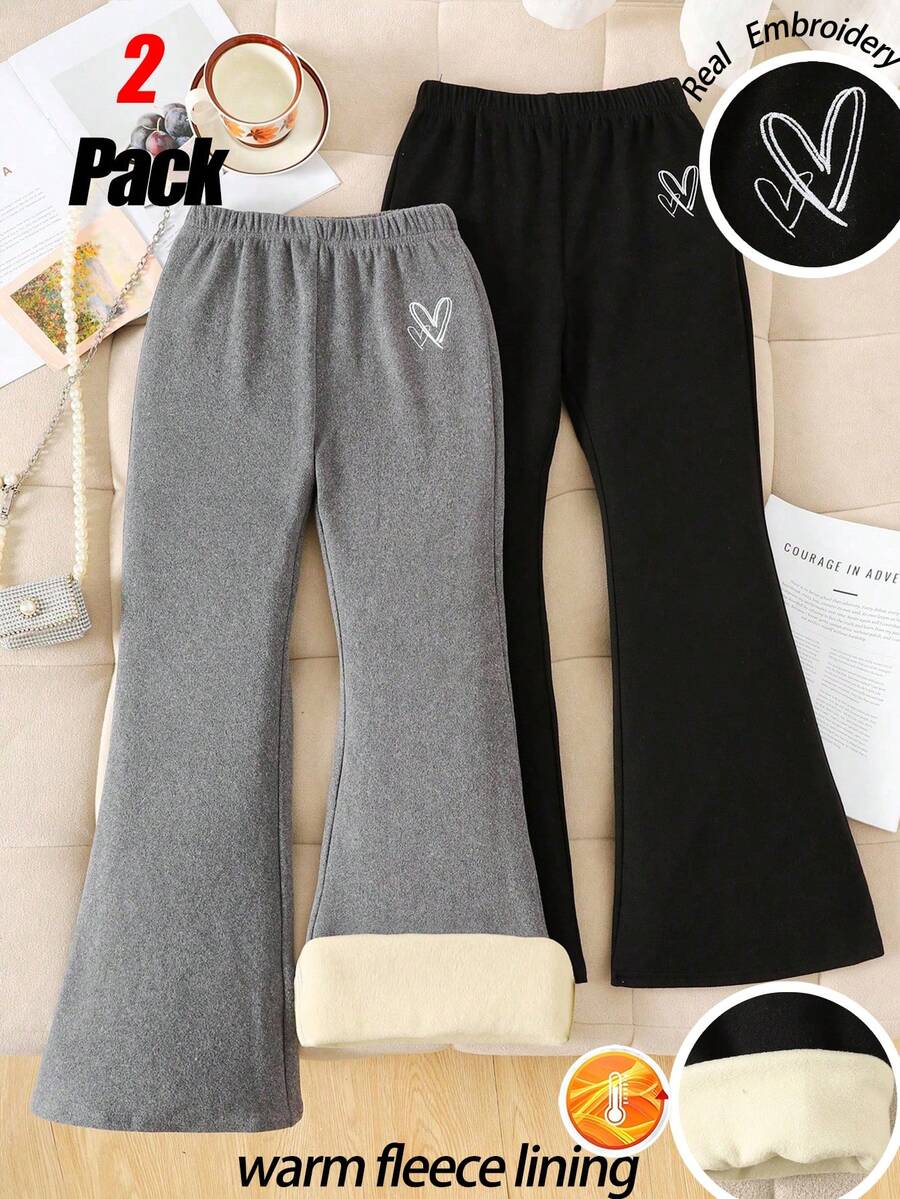 SHEIN Bộ 2 quần ống loe cho bé gái tuổi teen, lớp lót giữ nhiệt dày, cạp cao, thêu hình trái tim, ôm vừa vặn, màu đen và xám, thoải mái và mềm mại, giản dị và đa năng, quần lót giữ nhiệt mùa thu/đông cho bé gái quần ống loe cho bé gái bộ quần áo trẻ em cho bé gái quần mùa đông cho bé gái quần nỉ cho bé gái - Nhiều màu - Xem 1
