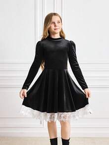 Tween Girls' Fashionable Velvet Lace Trim Long Sleeve Dress - Black - View 4