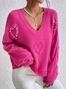 Chiquease Pearls Heart Detail V-neck Drop Shoulder Jumper - Hot Pink - View 3