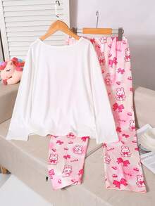 可爱卡通兔子印花圆领长袖女童睡衣 - 彩色 - 查看 2
