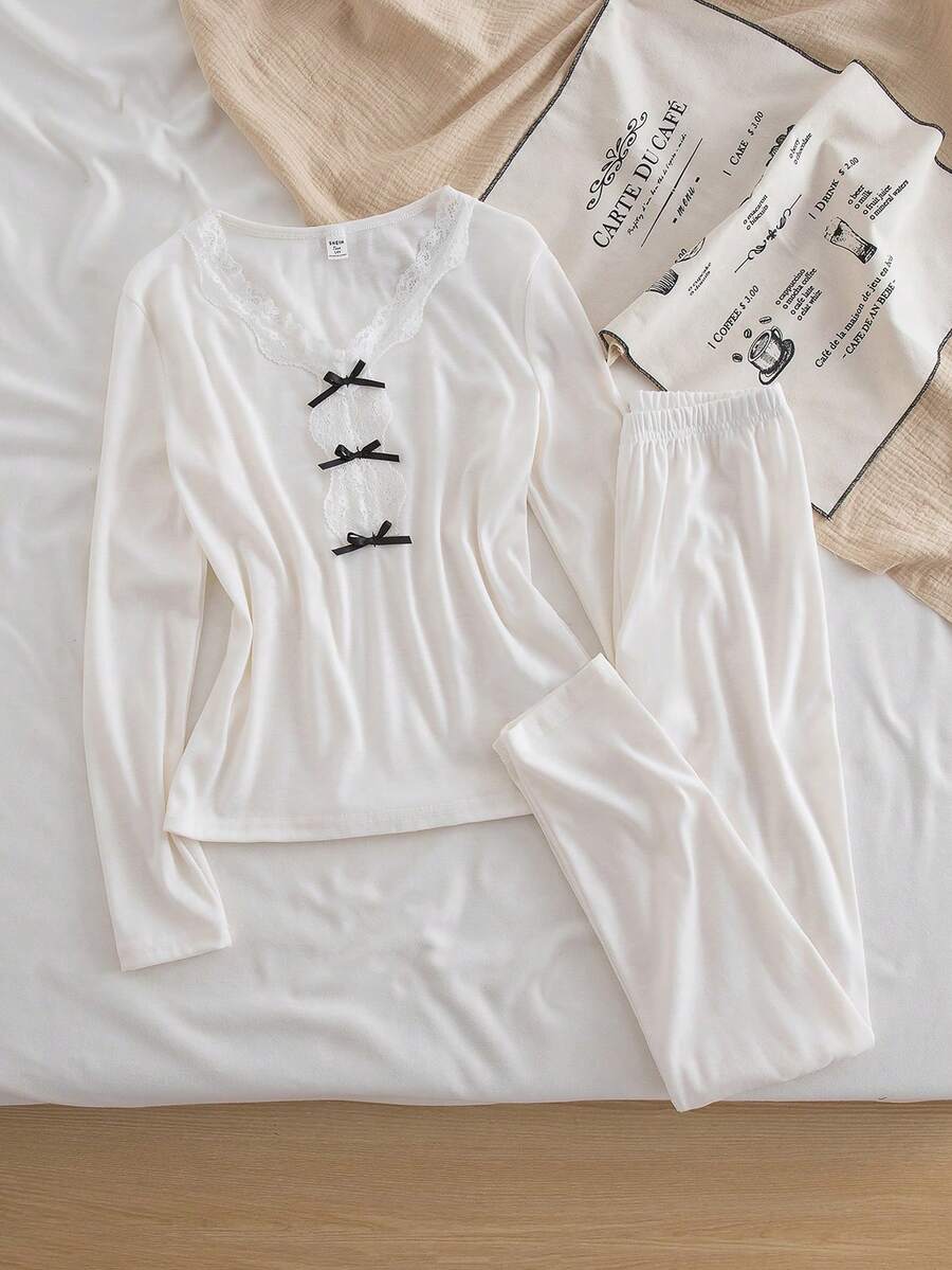 SHEIN Set de parte superior e inferior casual y versátil de 2 piezas con cuello redondo de manga larga, tejido, ajustado, con encaje y lazo negro decorativo, para adolescentes, piel amigable - Blanco - Ver 1