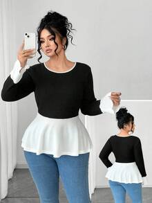 SHEIN Elenzya 女式圆领黑白拼接长袖休闲上衣、外套 - 黑與白 - 查看 3