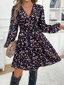 SHEIN Frenchy 女士休闲灯笼袖印花连衣裙，秋季 - 黑色 - 查看 4