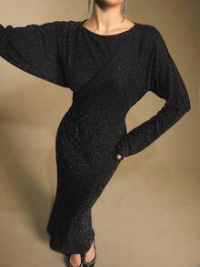 Poéselle Women's Elegant Rhinestone Batwing Sleeve Split Hem Fitted Dress, Spring/Autumn Luxury Dress For Women Black Sparkle Dress Elegant Midi Dress Long Sleeve Elegant Dress Black Glitter Dress - Black - View 4