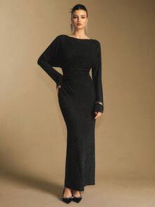 Poéselle Women's Elegant Rhinestone Batwing Sleeve Split Hem Fitted Dress, Spring/Autumn Luxury Dress For Women Black Sparkle Dress Elegant Midi Dress Long Sleeve Elegant Dress Black Glitter Dress - Black - View 8