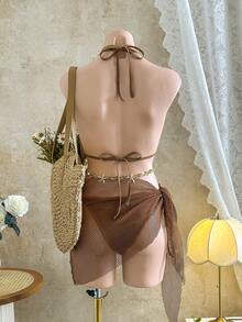 Bellisia Set de 3 piezas de bikini estilo bohemio con tela de red de ganchillo brillante y sexy, conjunto de bikini con pareo para cubrir para vacaciones en la playa, atuendo para fiesta de San Valentín o Navidad para mujer