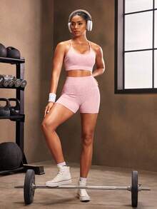 Powerista 女士简约时尚运动文胸和短裤套装，休闲日常健身女士套装 - 淺粉色 - 查看 6