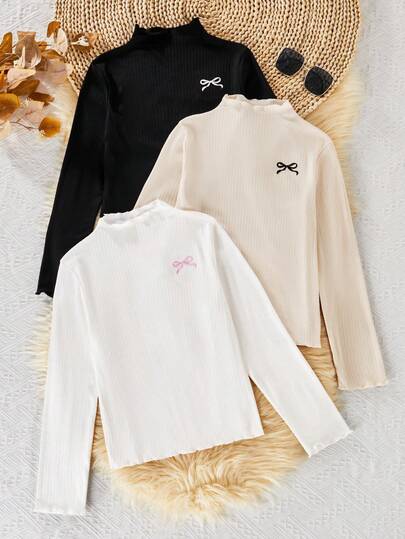 3pcs Girls Jacquard Ribbed Embroidery Solid Color Long Sleeve T-Shirt Set