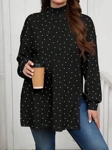 EMERY ROSE Plus Size Casual Minimalist Turtleneck Long T-Shirt, Spring/Autumn Polka Dot Shirt Modest Blouse Cute Modest Tops,Summer - Multicolor - View 1