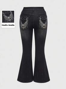 ROMWE Goth Jeans a zampa di donna taglie forti con ricamo di scheletro alato e strass, Pantaloni di jeans da donna taglie forti per autunno/inverno, Jeans a zampa di donna taglie forti con tasche ricamate in stile gotico - nero - Visualizzare 1