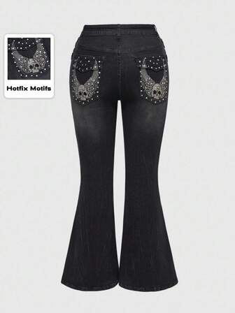 Goth Plus Size Gothic Skeleton Wing Rhinestone Embroidery Women's Flare Jeans, Plus Size Autumn/Winter Women Denim Pants, Plus Size Gothic Fashion Embroidered Pocket Women Flare Jeans