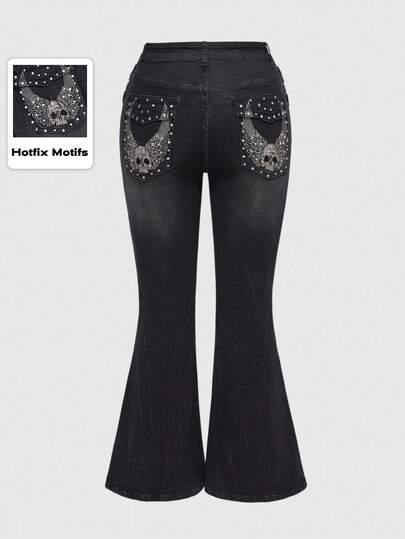 Große Größen Gothic Skelett Flügel Strass Stickerei Damen Schlagjeans, Große Größen Herbst/Winter Damen Jeans, Große Größen Gothic Mode Bestickte Taschen Damen Schlagjeans