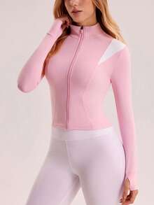 Sovereign Charm 女士撞色长袖拉链修身运动夹克，女士夹克，女式外套，女士健身服，女士健身服，女士冬季运动服，健身套装，女士运动套装，女士冬季夹克 - 粉色 - 查看 5