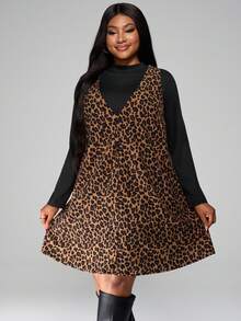 SHEIN PETITE CURVE 大码休闲纯色长袖上衣和豹纹无袖连衣裙两件套，秋季 - 彩色 - 查看 3