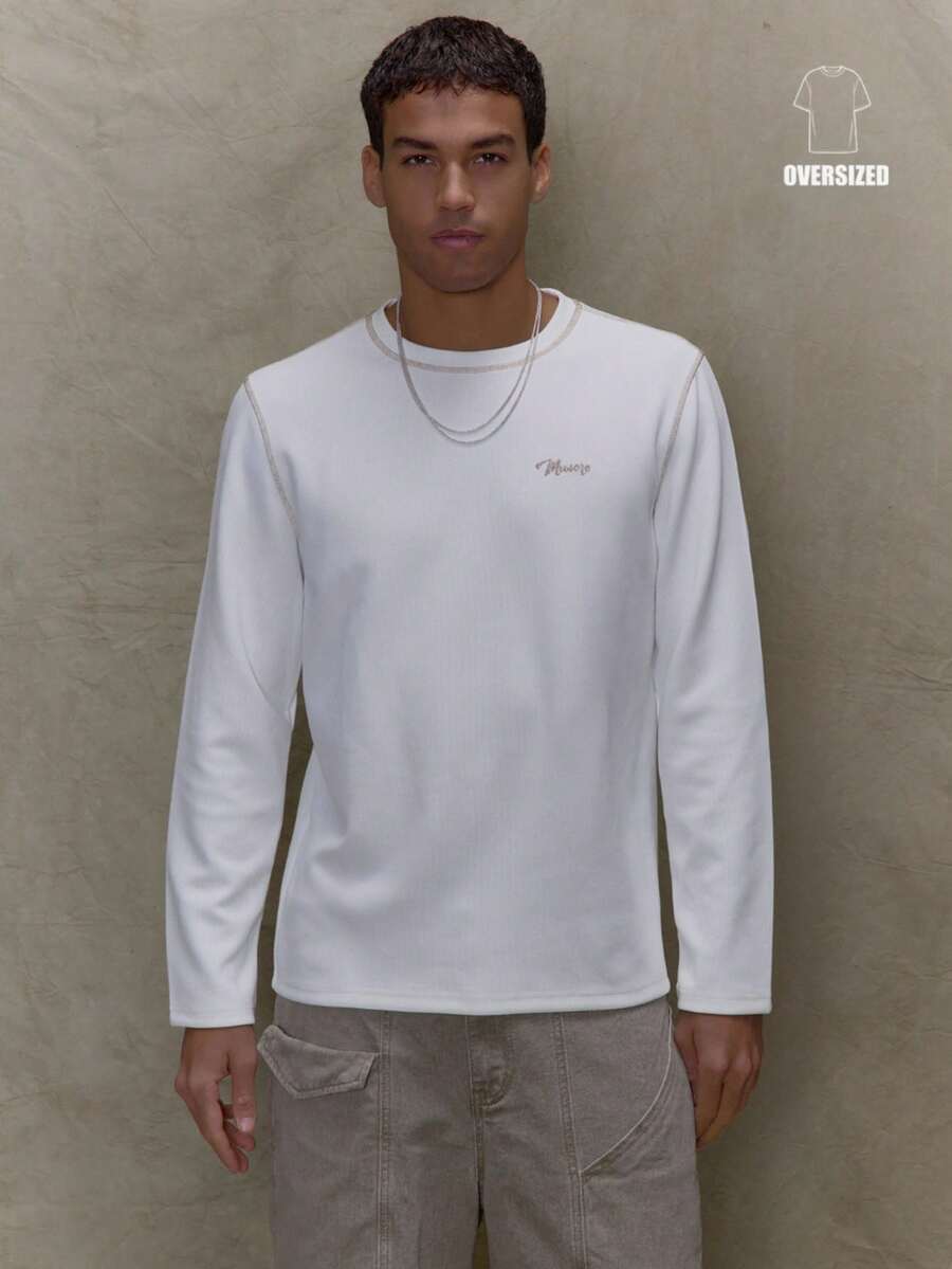 Musero Long Sleeve Oversized Contrast Stitch Crew Neck T-Shirt Embroidery Brand Patch SPRING SUMMER - White - View 1