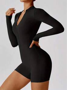 Rovax 女式纯色修身高领长袖连体裤 - 黑色 - 查看 4