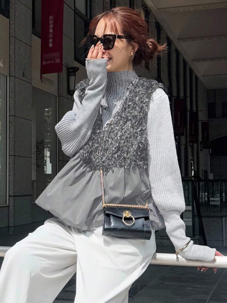 FRIFUL 女式黑色无袖拼接毛绒面料褶皱设计宽松休闲百搭分层背心，秋季 - 灰色 - 查看 1