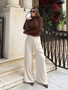 Siren Gaze Pantalones anchos plisados de unicolor, pantalones elegantes de oficina para dama, maestras, mujeres en otoño/invierno - Albaricoque - Ver 5