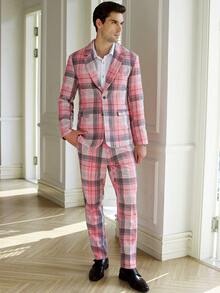 Calvornis Men's Plaid Lapel Collar Blazer And Pants Business Formal Set, Autumn Winter Brunch Wear - Pink - View 4