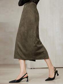 Aveloria Modichic Elegant, High-Quality Suede Midi Skirt, Versatile For Commuting - Olive Green - View 5
