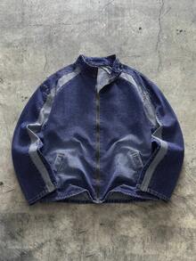 AXEPEAK Men's Washed C-Shirt Jacket, High-End Stand Collar Stylish Short Jacket - Blue - View 1