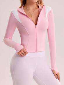 Sovereign Charm 女士撞色长袖拉链修身运动夹克，女士夹克，女式外套，女士健身服，女士健身服，女士冬季运动服，健身套装，女士运动套装，女士冬季夹克 - 粉色 - 查看 7