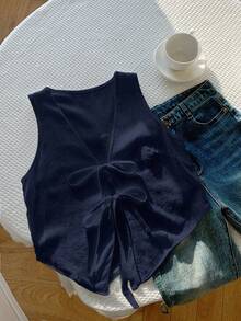 Comfortcana 大码女式纯色前系带宽松休闲背心衬衫 - 藏蓝色 - 查看 4