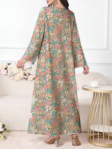 Al Najma 女式花卉植物印花 V 领长袖优雅阿拉伯风格长裙，春秋季 - 彩色 - 查看 2