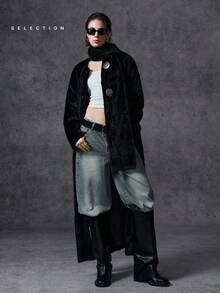 LYSMO 女士秋冬优雅纽扣式人造毛领开衫 - 黑色 - 查看 3