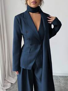 SHEIN Elenzya 女款優雅海軍藍秋季褲裝套裝，純色翻領長袖收腰寬鬆寬腿套裝，適合用餐、工作、約會、派對、教師穿搭 - 藏蓝色 - 查看 5