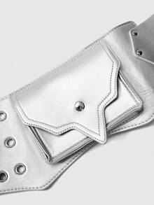 ROMWE Grunge Punk Y2K Punk Style Black Metal Rivet Eye Multi-Pocket Adjustable Metal Buckle Fanny Pack For Women - Silver - View 4