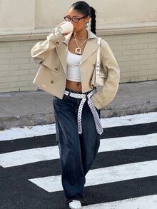 Muchica Veste courte croisée en couleur unie abricot pour femmes en automne/hiver - Nude - Voir 3