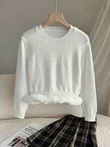 Genkimix Kids Jersey de niña con tejido especial de hilo, adornos de lentejuelas y perlas, cuello redondo, manga larga, jersey de punto, diseño de lujo con combinación, sensación de alta gama, estilo académico blanco puro, otoño/invierno