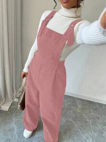 SHEIN LUNE Women's Solid Color Pleated Wide Leg Bib Overalls In Corduroy, Autumn/Winter - Coral Pink - View 3
