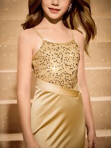 Tween Girl' 亮片拼布腰部开衩下摆优雅圣诞派对连衣裙 - 杏色 - 查看 5