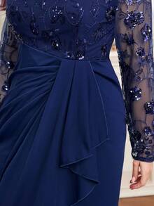 Modelyn Women Plus Size Floral Patchwork Sequin Mesh Slit Hem Elegant Midi Dress - Navy Blue - View 3